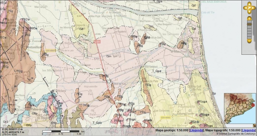 Superposició del mapa topogràfic i geològic de Pals